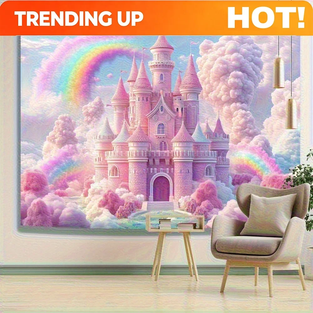 Customization Happy Birthday Tapestry Wall Hanging - Boho Hippie Aesthetic Peach Light Beige Fabric Decor With Whimsical Castle,