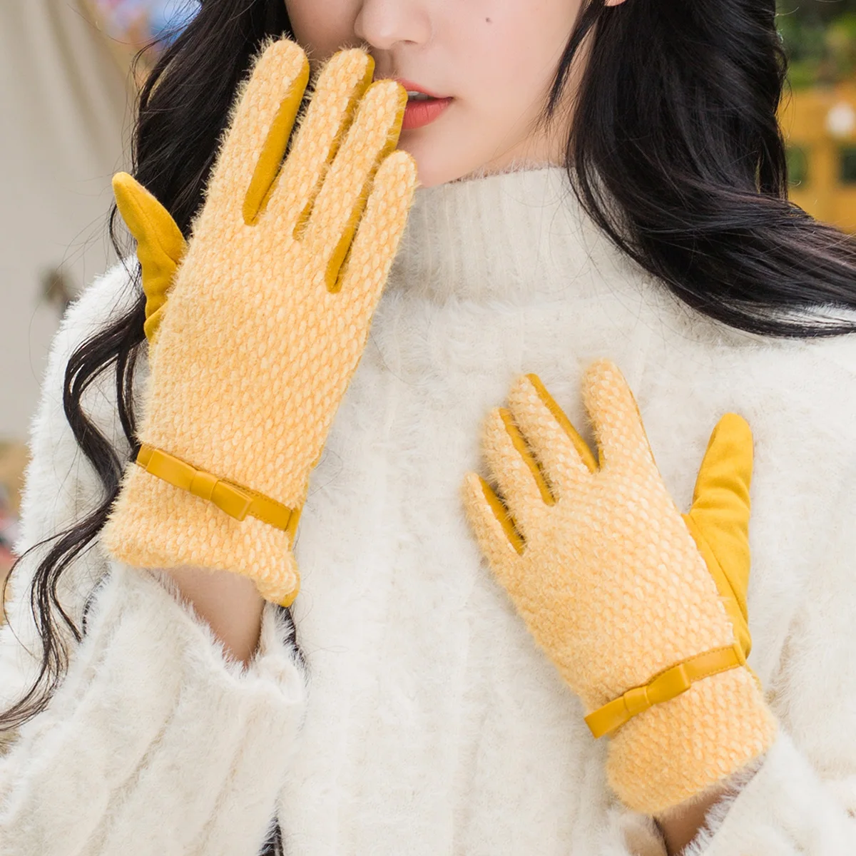 Windproof Fleece Lined Yellow Gloves with Bow Tie Winter Warm Full Fingers Cute Gloves Touchscreen Thicken Women's Mittens