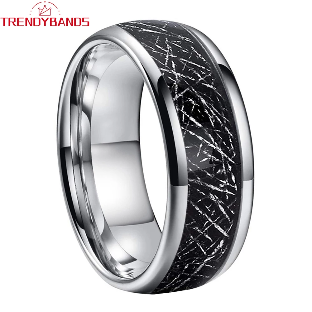 Tungsten Carbide Engagement Rings For Men Women Wedding Band Gold Plated Domed Black Meteorite Inlay High Polished Shiny