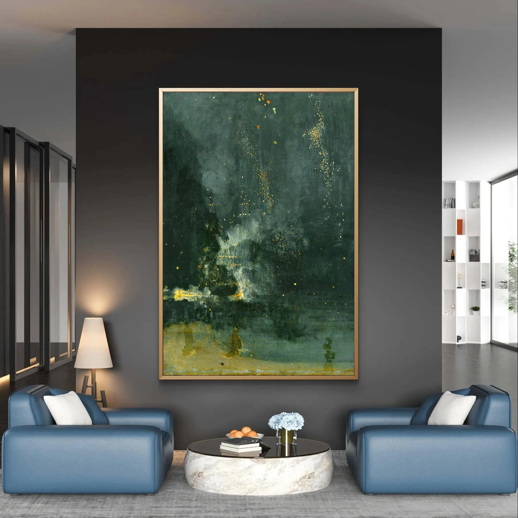 Black Gold Nocturne, Autumn Rocket, James McNeil Whistler's work, abstract painting print poster, dark green modern home décor.