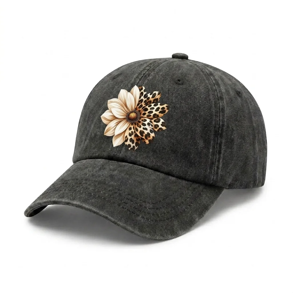 Daisy Leopard Print Floral Graphic Vintage Washed Baseball Cap, Adjustable Unisex Dad Hat, Cute Floral Aesthetic Gift for Women