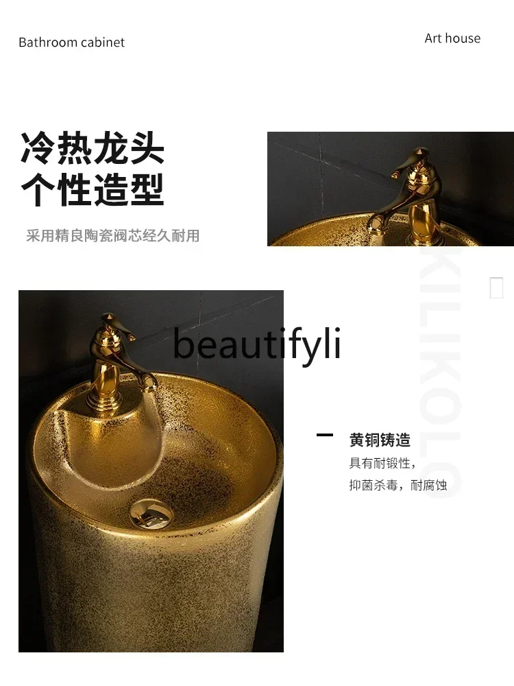 FG10New حوض عمود ذهبي، حوض غسيل مطلي بالذهب، عمود دائري متكامل، حمام الفندق، غسيل من نوع العمود #3