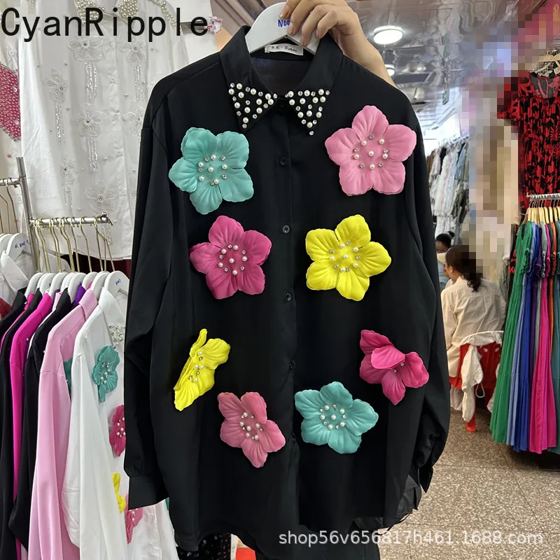 

Fashion New Spring Summer Loose Cardigans Top 3d Flowers Diamonds Beading Long Sleeve Shirt Single-breasted Casual Women Blouses