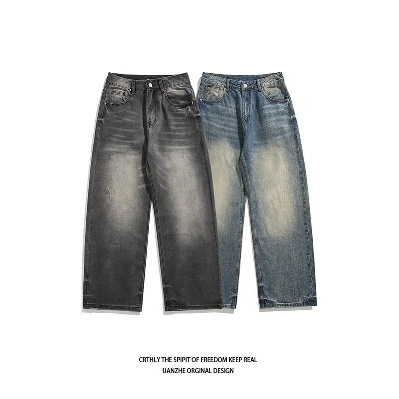 جديد غسلها الجينز الشارع السراويل الذكور الدنيم السراويل بلون واسعة الساق بانت زر عارضة الشارع الشهير الهيب هوب نمط المعادن الثقيلة #6