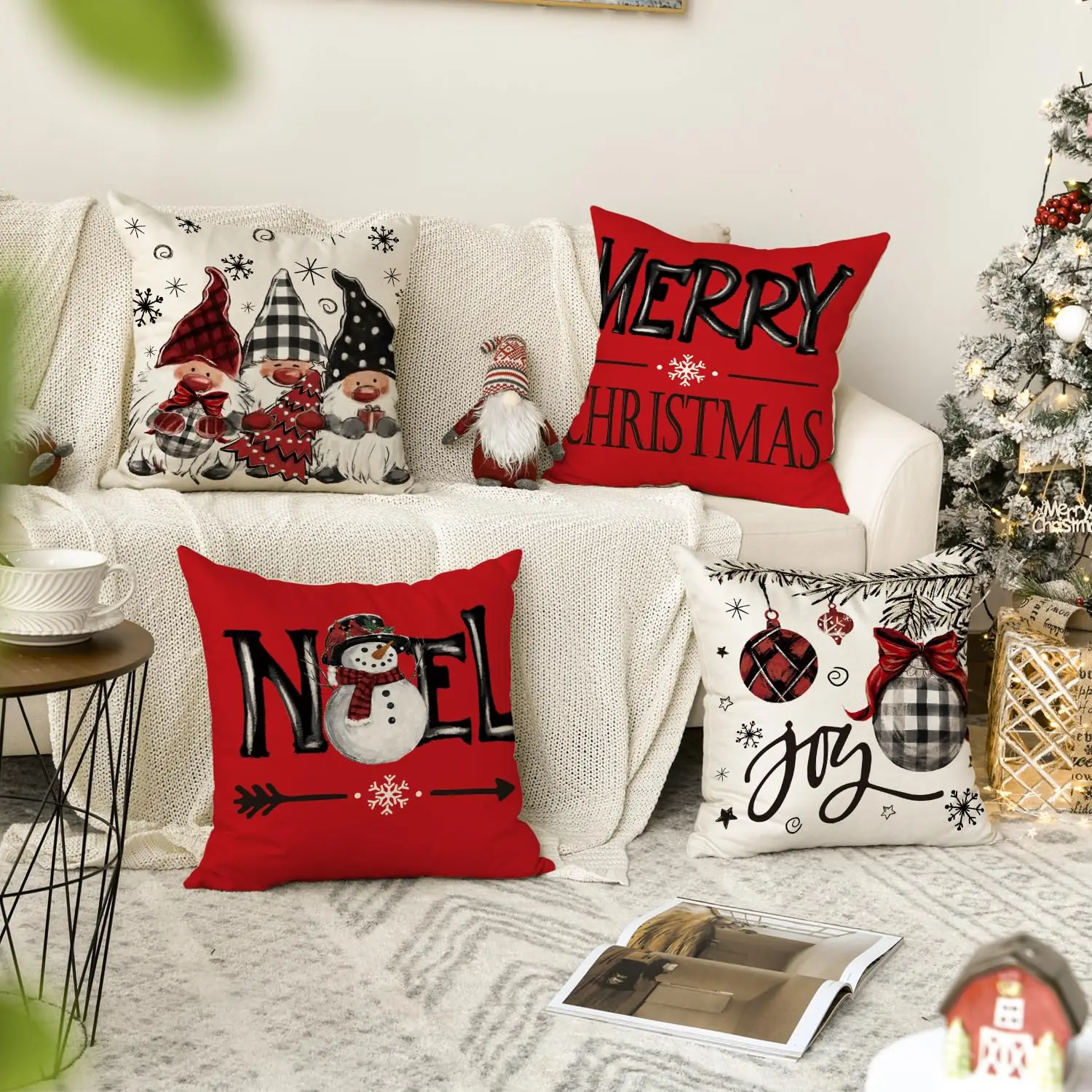Merry Christmas Noel Joy Balls Gnome Throw Pillow Cover Xmas Snowflake Winter Holiday Cushion Case Decor for Sofa Couch Set of 4
