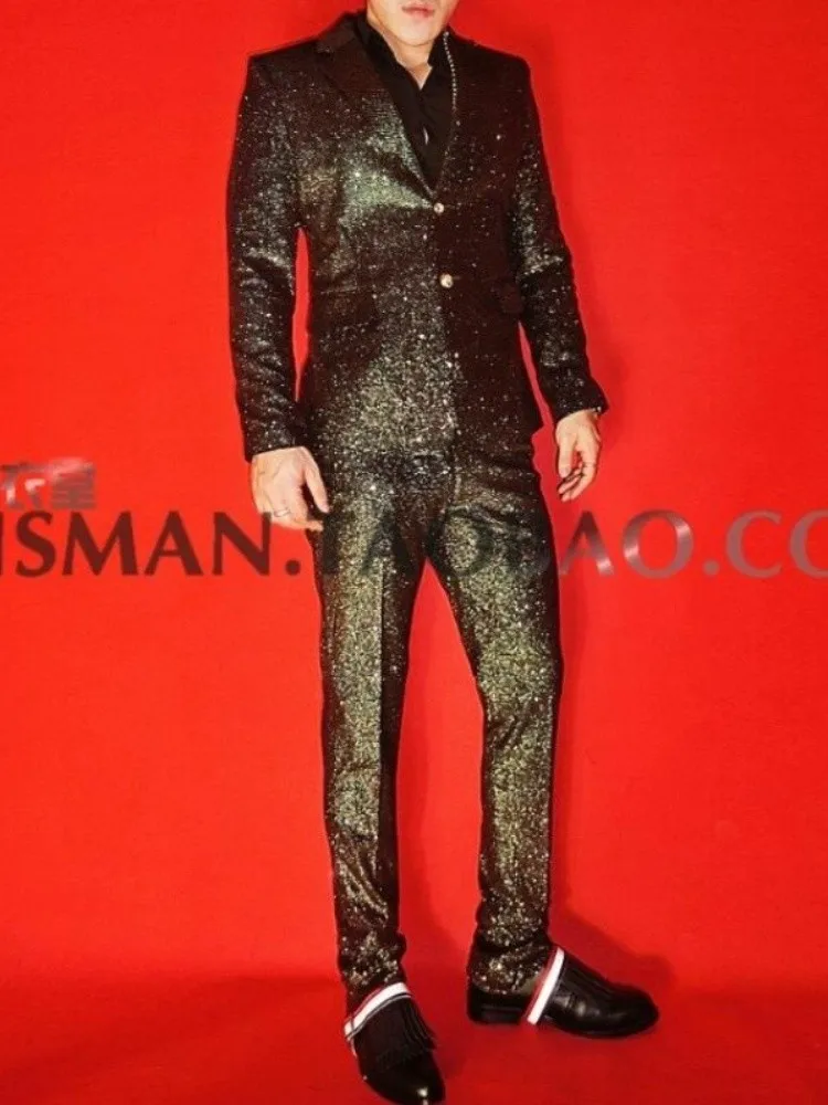 한국 신상 재킷 남성 웨딩 정장 나이트클럽 바 남성 가수 플래시 블랙 골드 블레이저 수트 무대 의상 슬림핏 남성 바지