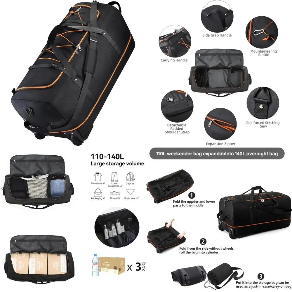 

Expandable 110-140L Soft-Sided Foldable Duffle Bag with Wheels, 32 Packable Rolling Carrier for Travel