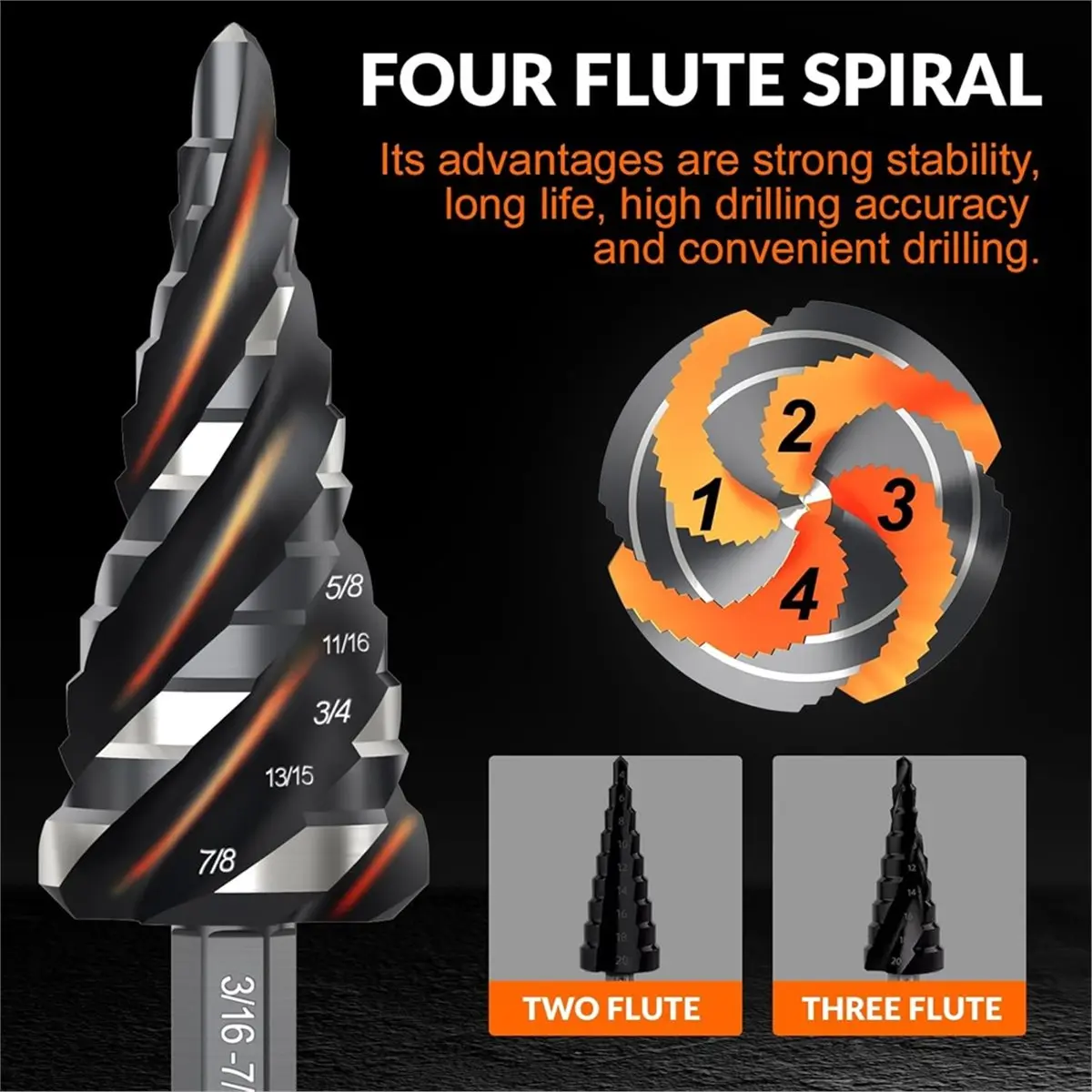 Four Spiral Flute Step Drill Bit Set, 3 Pcs HSS Step Drill Bits (1/8