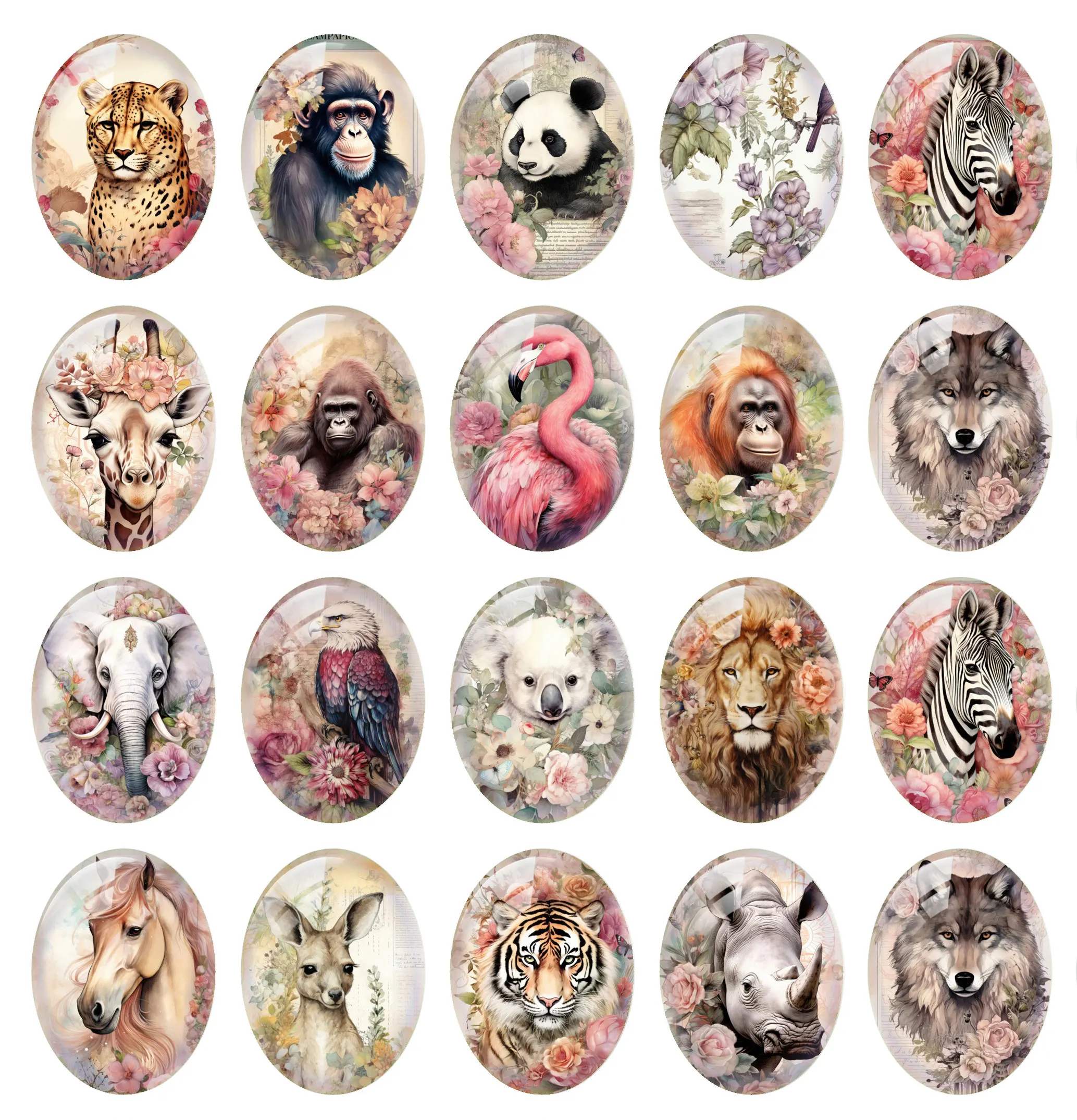 10pcs/lot Tiger Monkey Horse Flamingo Oval Photo Glass Cabochon Flatback Demo Flat Back Cameo For Diy Jewelry Making Supplies