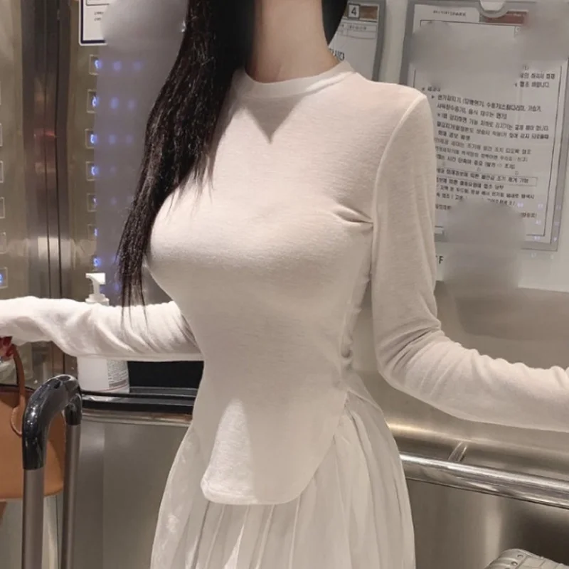 

Женская приталенная футболка YF03 с асимметричным подолом, модная повседневная, в корейском стиле, удобная осенняя кофта