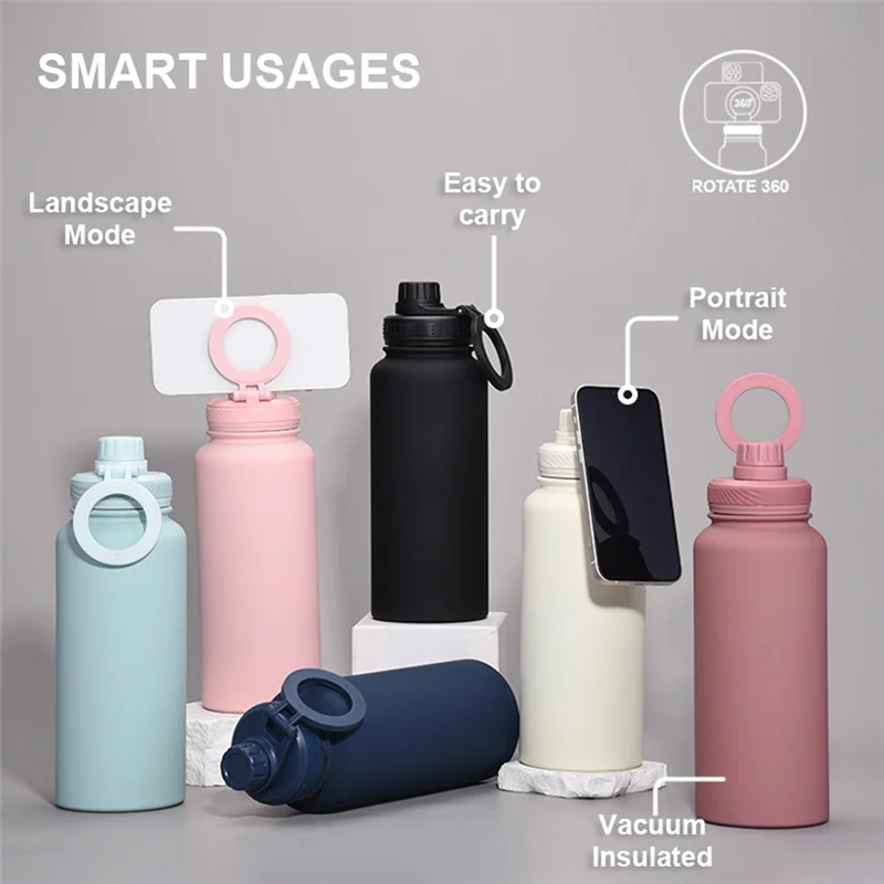 

ABEZ 1L Thermoscup Cellphone Magnetic Stand Double Stainless Steel Portable Handle Protect Insulation And Cold Water Bottle