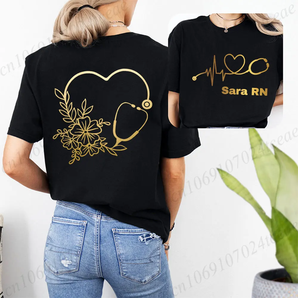 Fashion Women T Shirt Floral Stethoscope Nurse Funny Casual O-neck Short Sleeves T-shirt Registered Nurse RN Summer Tee Shirts