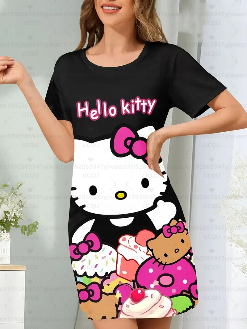 夏の女性の Tシャツドレスプラスサイズカジュアルハローキティプリント O ネックレディ半袖プルオーバードレス女性服