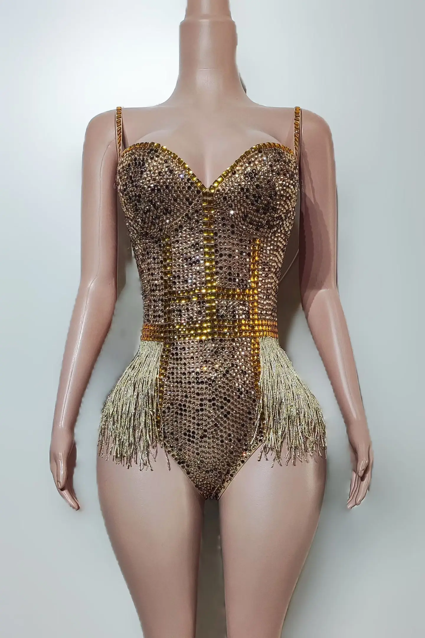 Jinmang Glamorous Gold Tassel Fringe Rhinestone Mesh Bodysuit V Neck Spaghetti Strap Festival Performance Outfit view 5