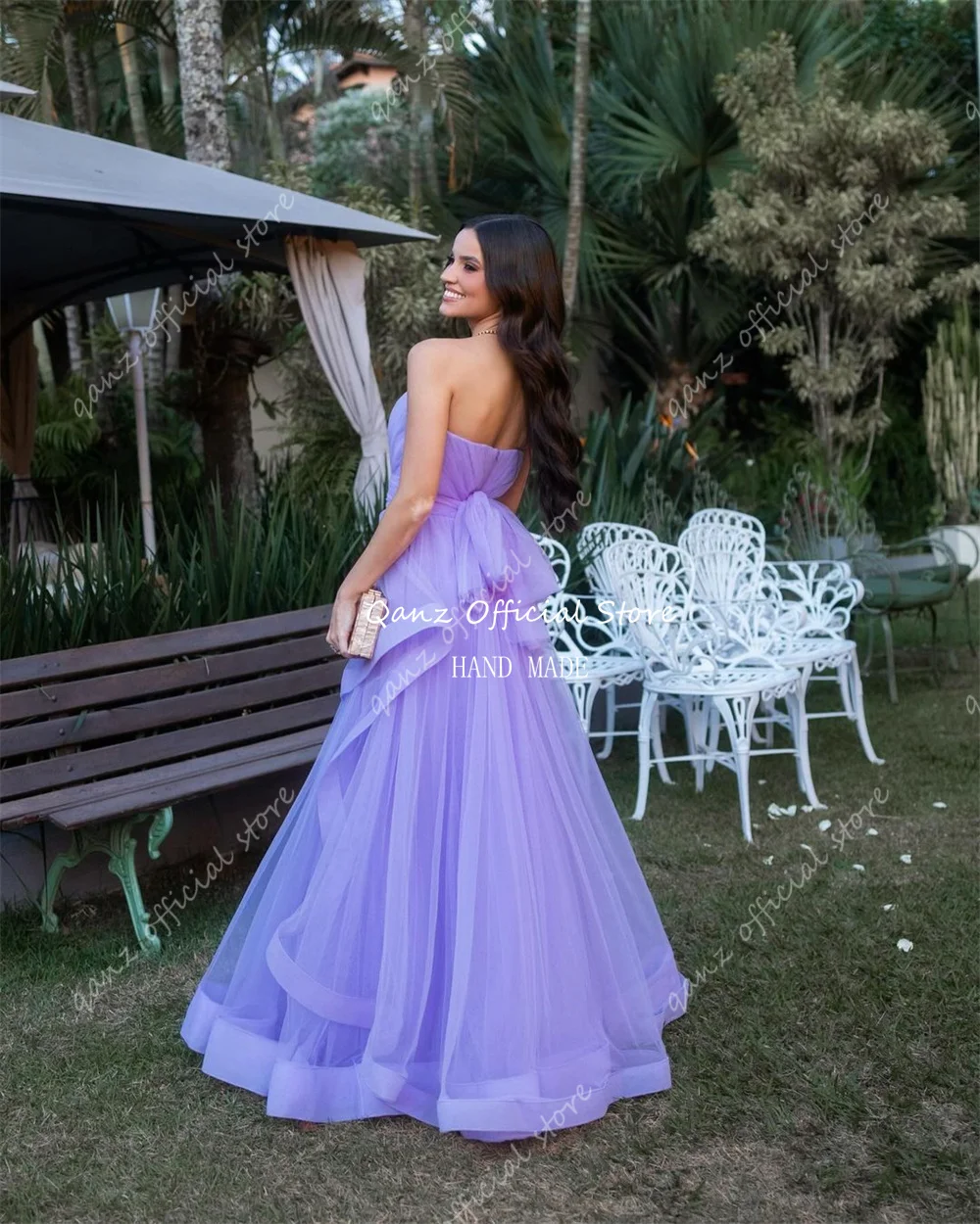 Qanz-Elegant Lavender Vestidos de noite, Strapless Ruffles Tulle, Long Formal Occsion Vestidos, Open Back Bow, até o chão, Party Gowns