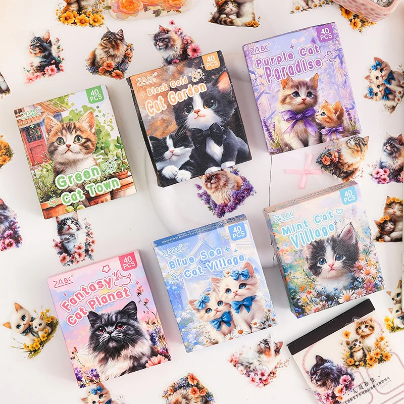 40 Pcs/Box Kawaii Cartoon Cat Handbook Labels Stickers Journals Scrapbooking Album Phone Diary Decorative Stationery Supplies