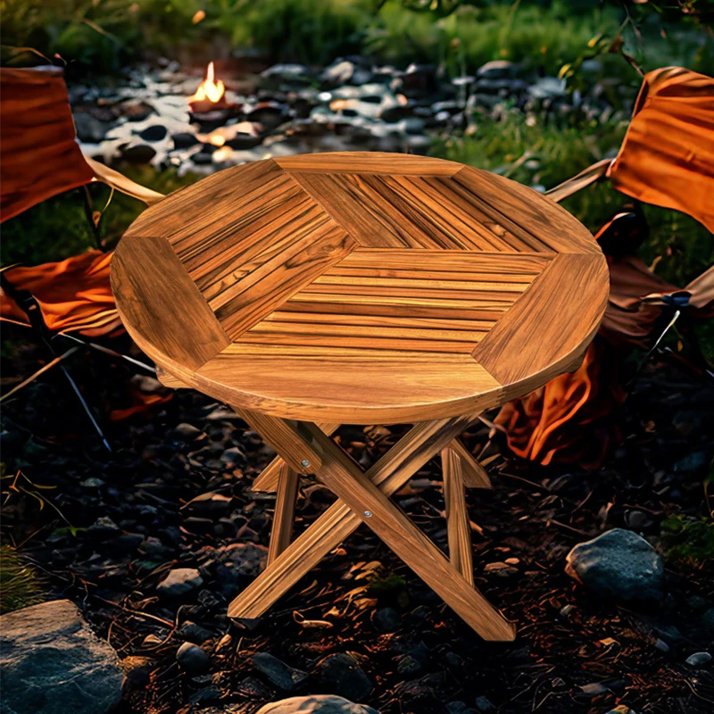 طاولة طعام خارجية لشخصين على الطراز الصيني القديم ساحة حديقة صالة خشب الساج طاولة غداء أثاث فناء دائري مقاوم