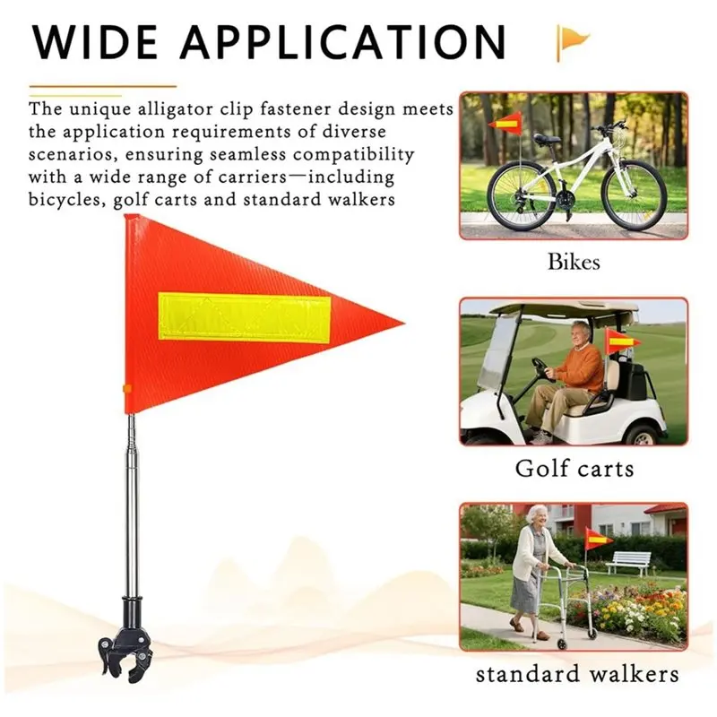 2026 New Orange Safety Flag With Reflective Strip, 5.3 Feet Retractable Pole, And Warning Flag For Outdoor For Mobility