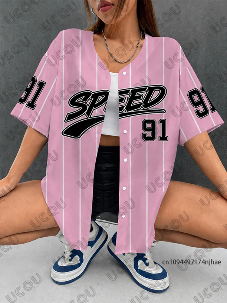 Summer New Pink Speed 91 Stripe Print Retro Streetwear Baseball Shirt For Women Men Hip Hop Blouse Short Sleeve Button Up Tops