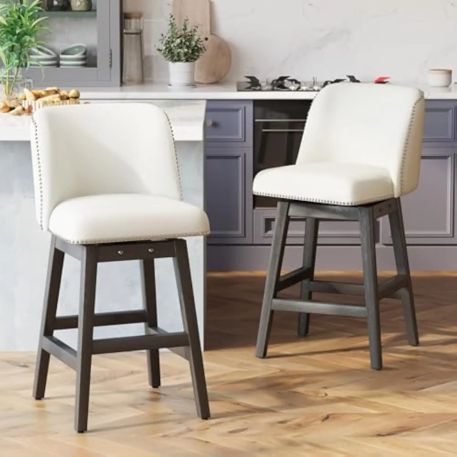 

Bar Stools Set of 2, 26''H Counter Height Swivel Bar Stools with Back,Faux Leather Upholstered Seat Counter Stools with Solid L