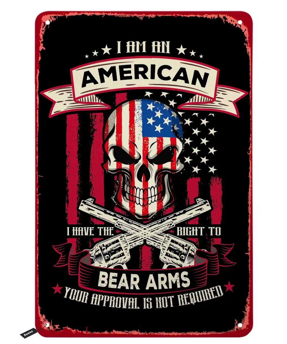 

Swono, американский флаг, лента, череп и пистолет, жестяной знак, Я американский, у меня есть право нести руки, винтажный металлический жестяной знак, стена De