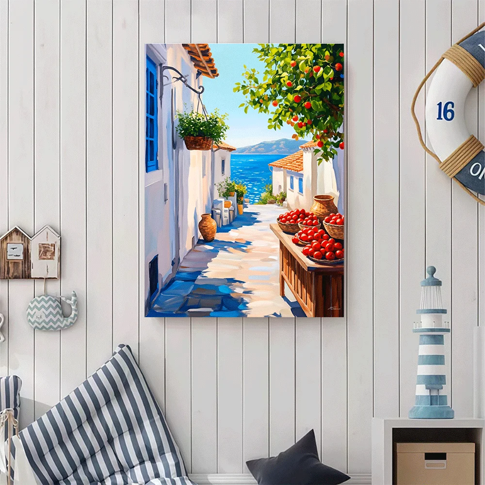 1PC-Unframed Canvas poster wall decoration  Mediterranean Village Street With Sea View And Tomato Stand
