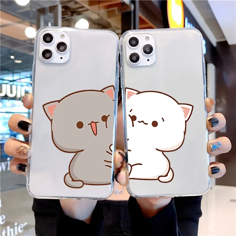 Cute Cat Couple Paired Phone Case For iPhone 15 13 11 12 14 Pro Max 13Mini X XR XS Max 8 7 14Plus SE Soft Shockproof Fundas Skin