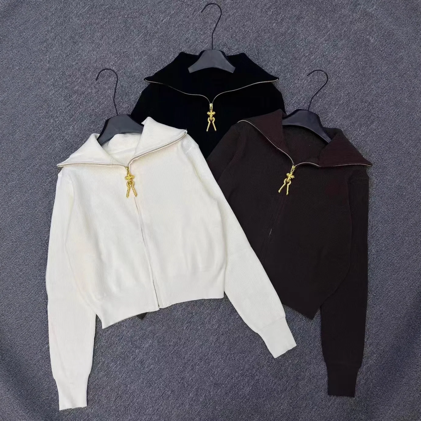 Autumn and Winter New Loose Collar Zipper Knitted Sweater Cardigan Women's Irregular Metal Buckle Versatile Sweater Jacket