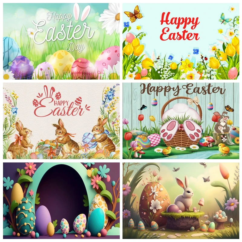 

Happy Easter Backdrop Cartoon Rabbits Colorful Eggs Flower Bunny Spring Easter Baby Portrait Photography Background Photo Props