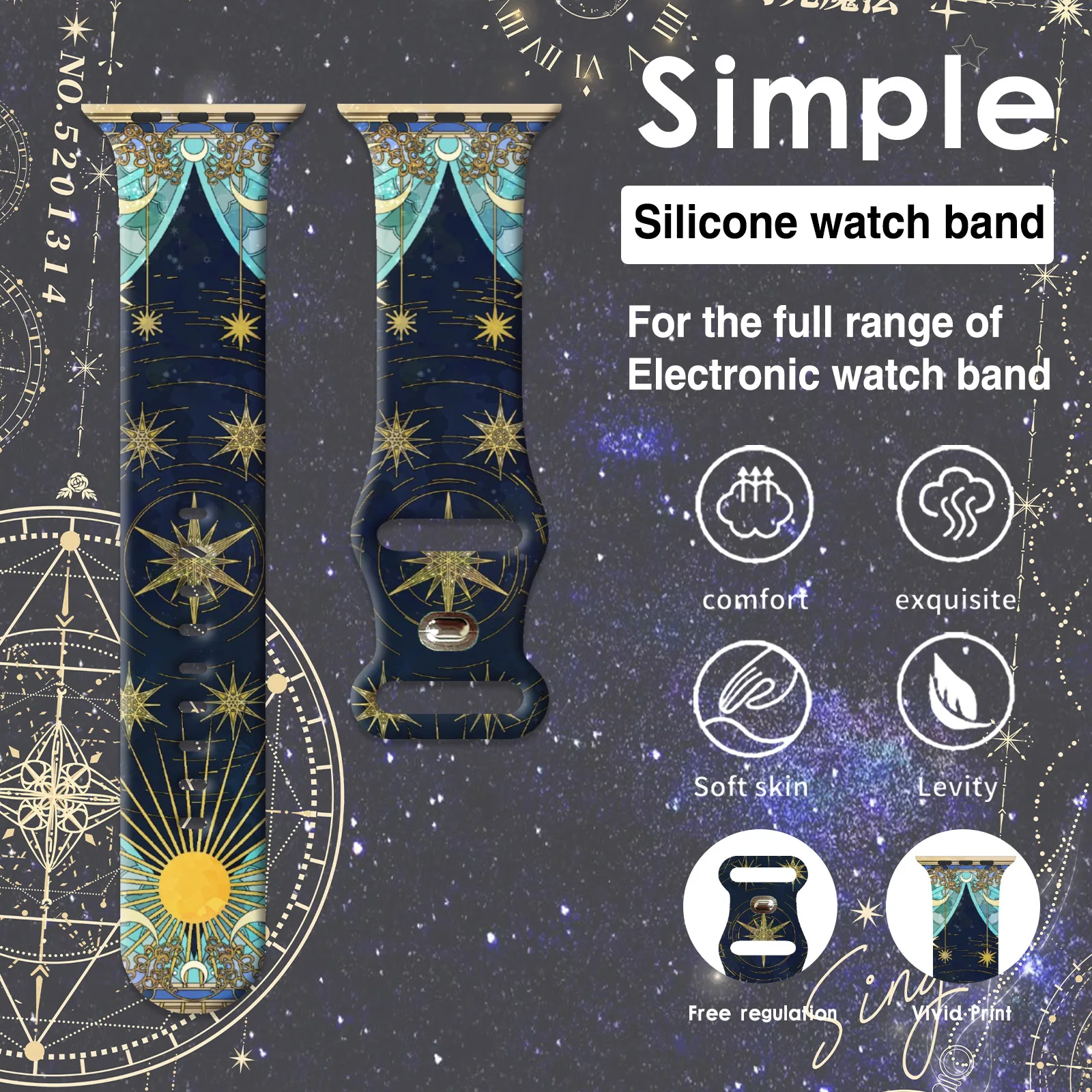 占星術シリーズプリントバンド Apple Watch 10-9-8用 シリコンストラップ 交換可能 iWatch 49mm 45mm 44mm 42mm ウォッチバンド