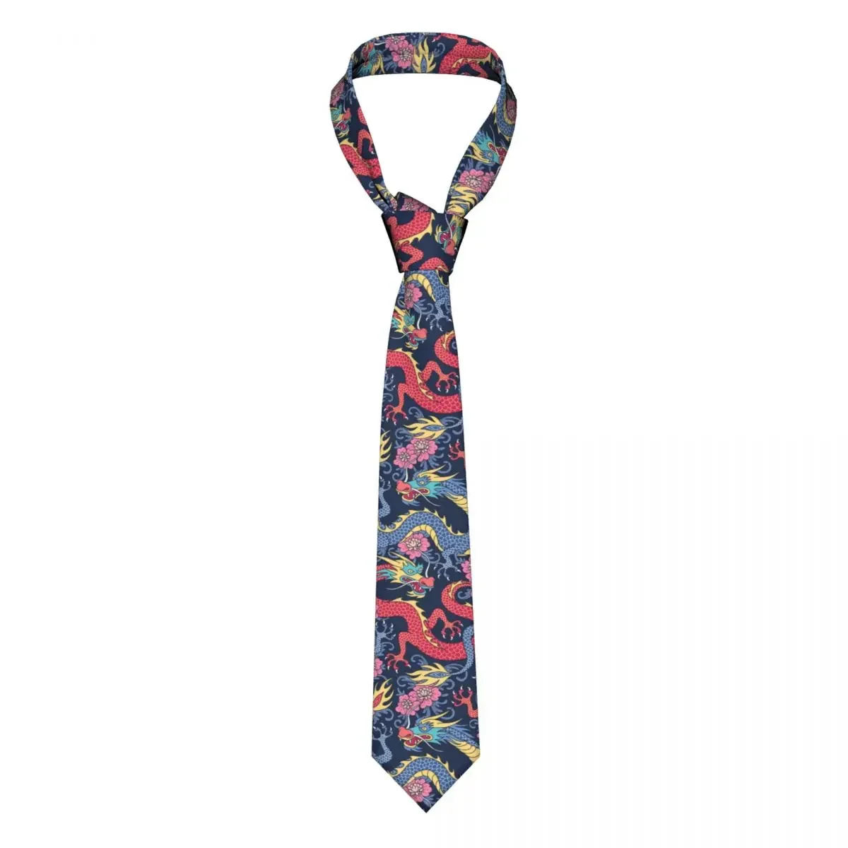 Traditional Dragon Necktie Men Women Skinny Polyester 8 cm Narrow Dragons With Flowers Neck Ties for Daily Wear