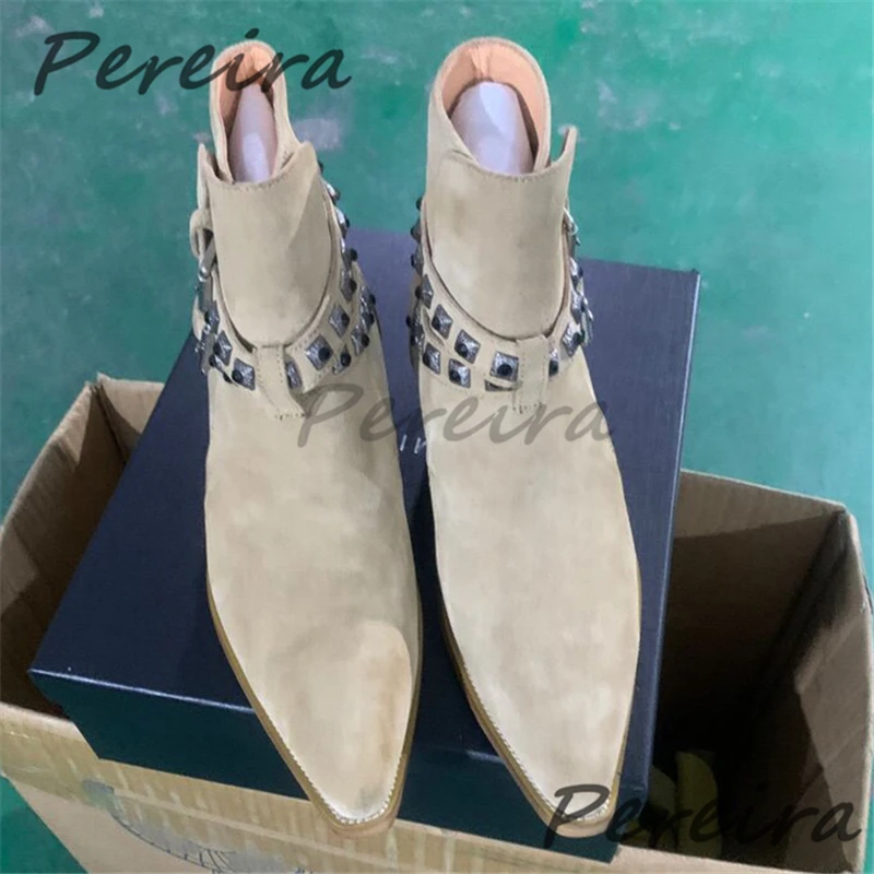 Spring Autumn New Suede Cowhide Chelsea Boots Trendy Rivet Rhinestone Belt Buckle Solid Ankle Boots Banquet Party Dress Shoes