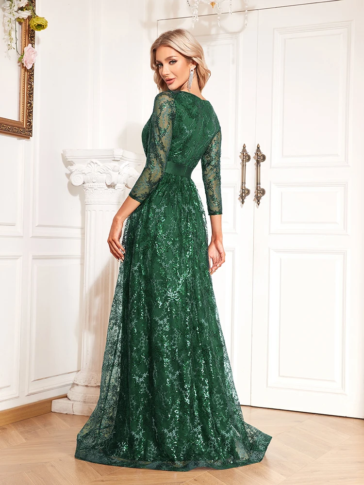 Xuibol Elegante Groene Sexy V-Hals Gebloemde Avondjurk Lange 2024 Luxe Vrouwen Lange Mouw Feest Prom Pailletten Cocktailjurk Jurk