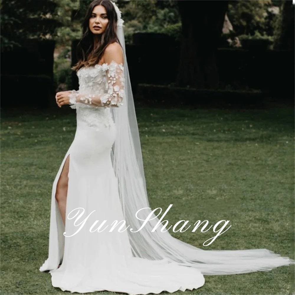 Yunshang Elegant Mermaid Wedding Dress Lace Long Sleeve Off The Shoulder Split Backless Bridal Gown Sweep Train Vestido De Novia