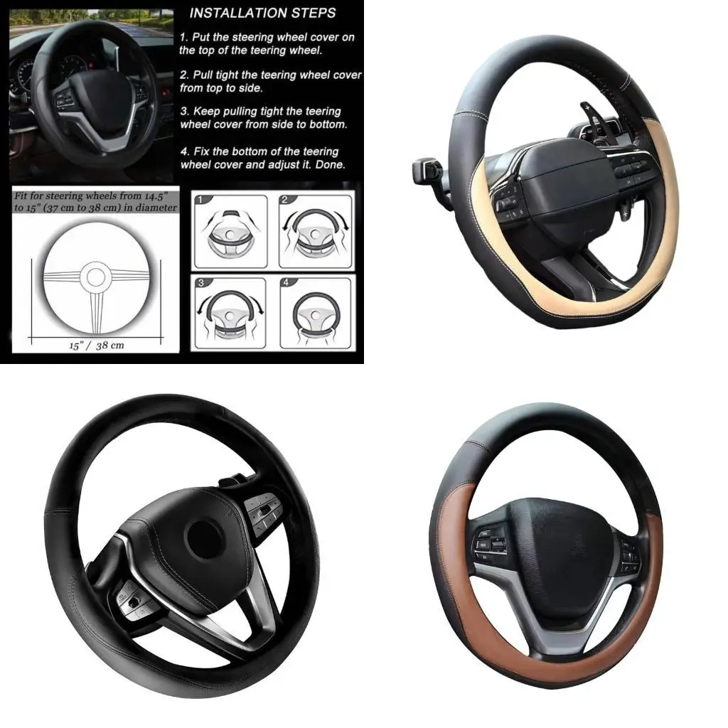 

02DE Fashion Stitched 15 Inch Synthetic Leather Steering Wheel Protector Cover Soft Comfortable Grip Universal for Most