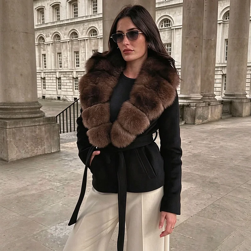 FANAN Elegant Women Fur Patchwork Lace Up Coats Luxury Belt Lapel Long Sleeve Warm Jacket 2025 Autumn Winter Lady Furry Outwear