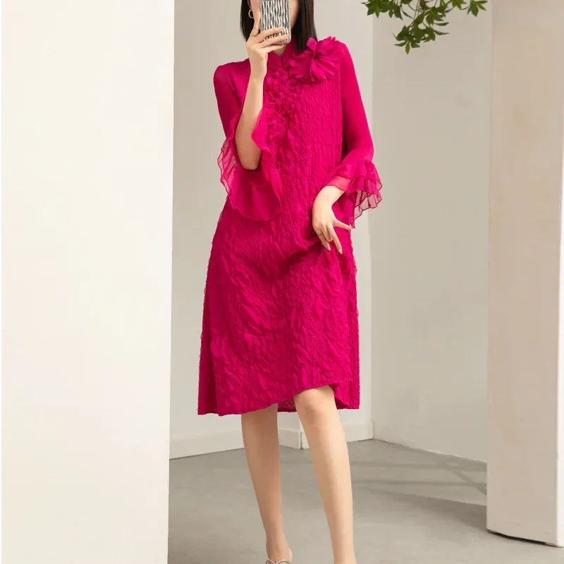 Pleats Pleated Women's Dress Fashion Embroidery Collar Plated Button Ruffle Seven-minute Sleeve Mid-length Dress 2024 Spring New