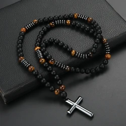8mm Black Obsidian Tiger-eye Beaded Necklace with Hematite Cross Pendant for Men
