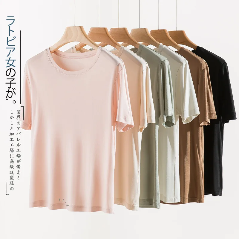 

Summer Silk Acetate T-shirt Women Soft Round Neck Short Sleeve Basic T-shirt For Minimalist