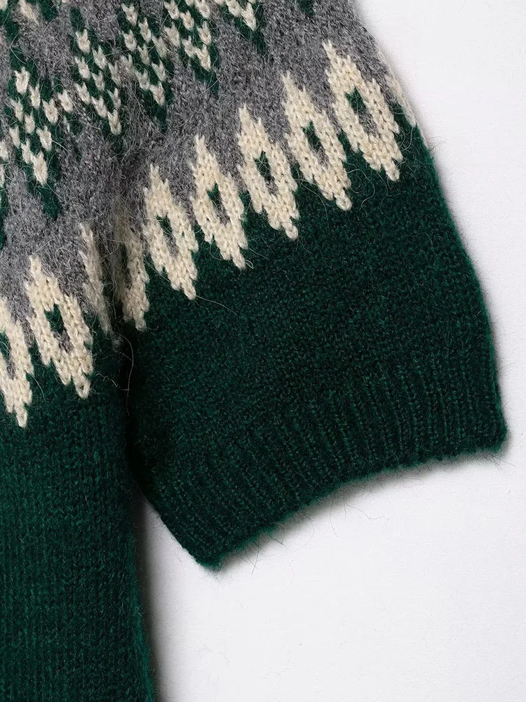 Cárdigan de punto Jacquard para mujer, Otoño Invierno, un solo pecho, manga corta, cuello redondo, suéter corto de otoño, prendas de vestir exteriores