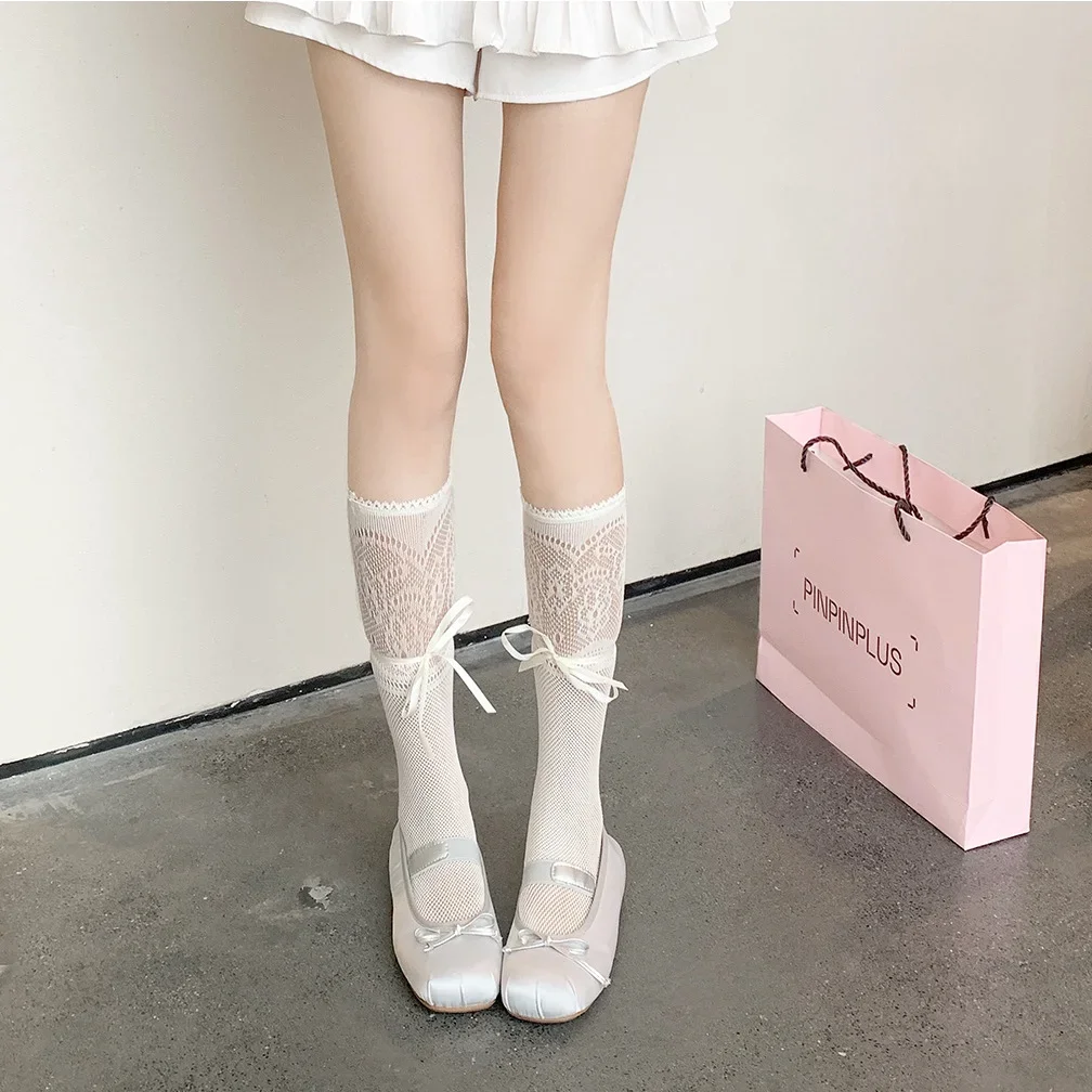 Lolita Lace Bow Socks Women's Summer Thin Section Jk White Mid-Tube Socks Lace Hollow Mid-Tube Piles Of Stockings