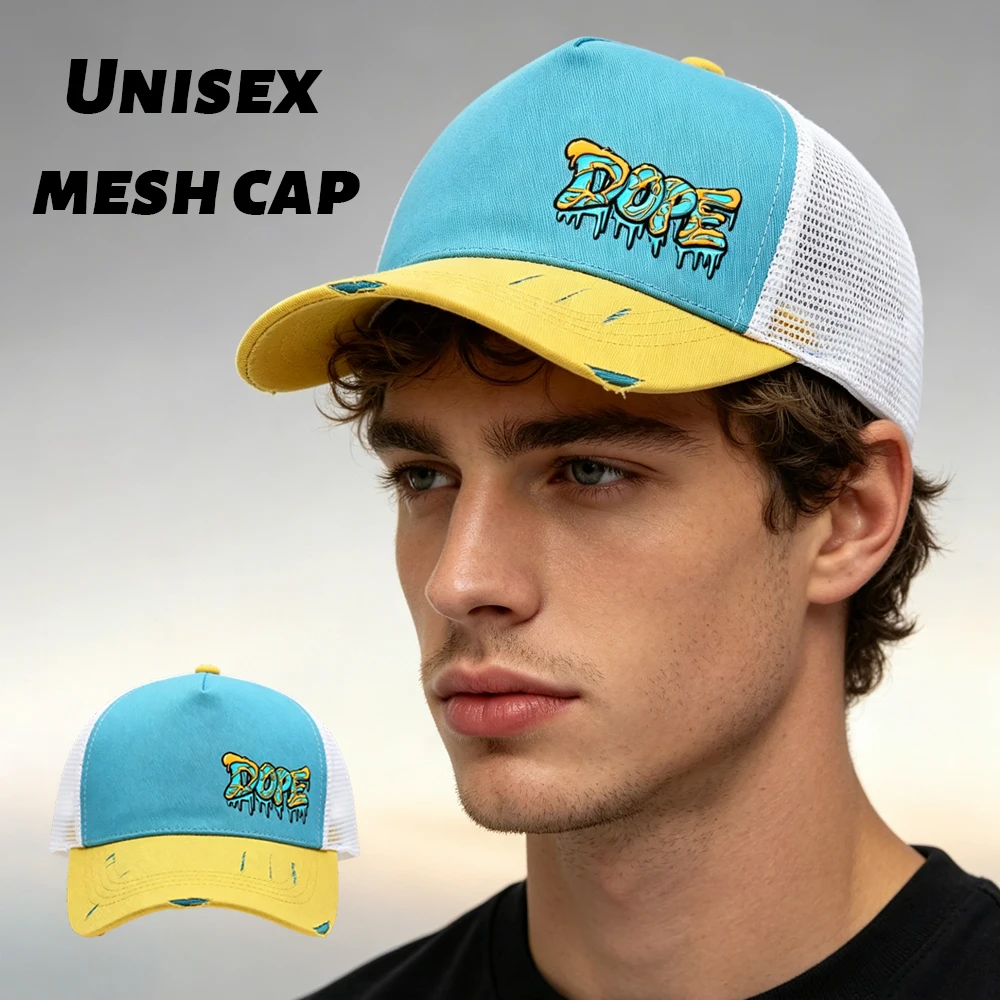 Unisex Adjustable Tear Style Baseball Cap With Graffiti Logo Pattern Print Design, Breathable Mesh, Suitable For Outdoor Sports