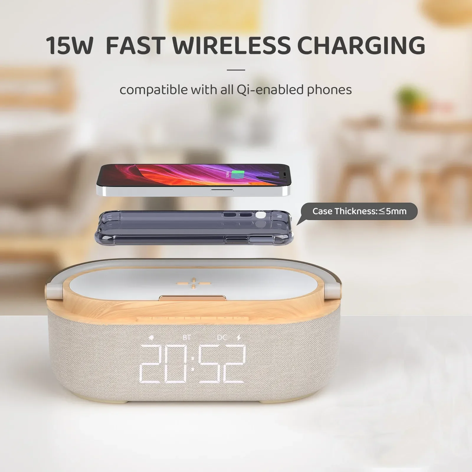 COSLUR Bluetooth Speaker 2500Mah Battery Supports 15W Wireless Charging Digital Clock Display Night Light Alarm Clock S29