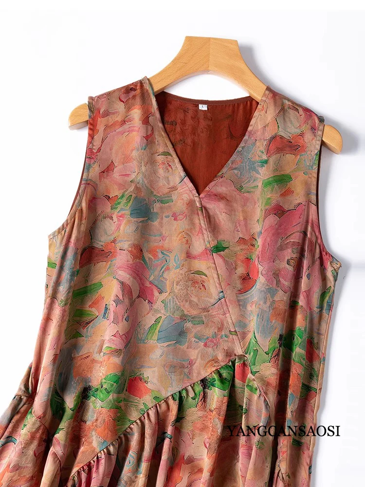 Artistic Sense Oil Paint Style 100% Natural Mulberry Silk Gambiered Guangdong Gauze Design Sense Women's Large Swing Vest Dress