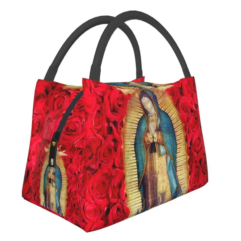 

Guadalupe Virgin Mary With Flowers Thermal Insulated Lunch Bag Women Catholic Portable Lunch Container Meal Food Box