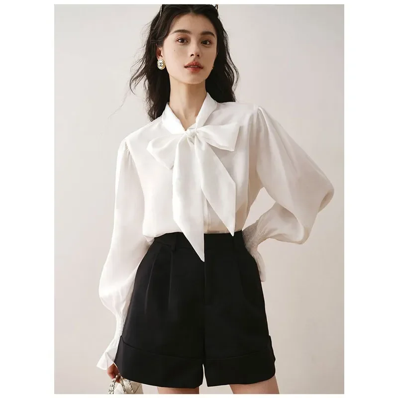 Womens Y2k Tops 2024 Autumn New French Fashion Bow Long-Sleeved Shirt Temperament Drape Chiffon Shirt Commuter Bottoming Shirt