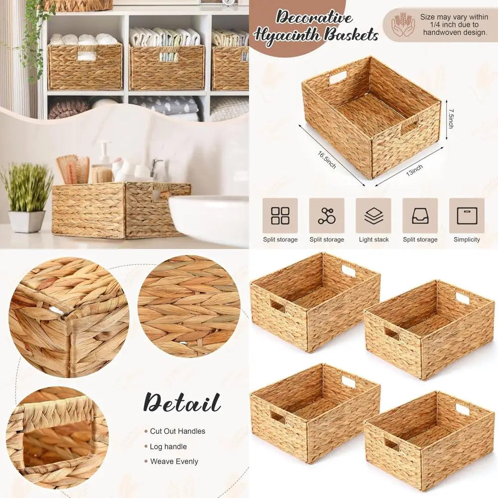 

Плетеные корзины ручной работы с ручками, складные органайзеры для домашнего использования (16,5 x 13 x 7,5, натуральные)