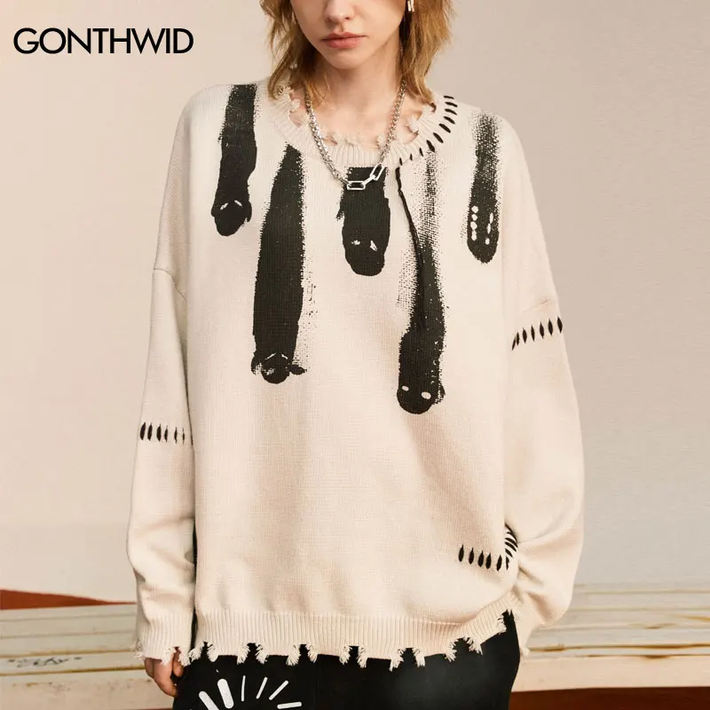 Hip Hop Sweaters Streetwear Y2K Grunge Ripped Ghost Print Punk Gothic Knitted Jumpers Autumn Harajuku Casual Pullover Sweaters