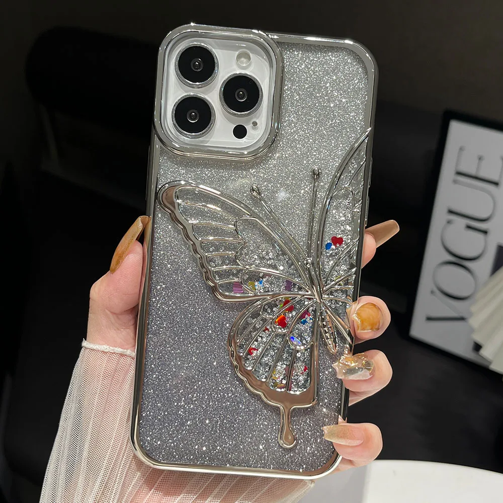 Aestheticism Bling Glitter Butterfly 3D Quicksand Gradient Phone Case For iPhone 15 14 13 12 11 Pro Max Plating Shockproof Cover