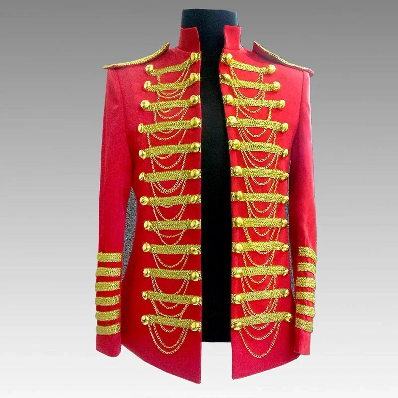 Red Sequin Embellished Long Suit Jacket Men Stage Party Military Steampunk Gothic Blazer Mens Singer Show DJ Costume Homme 3XL